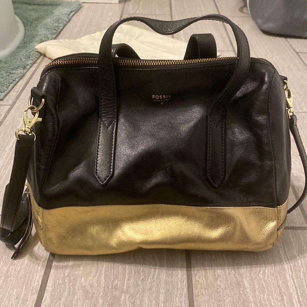 Leather Fossil Black and Gold Bowler Bag